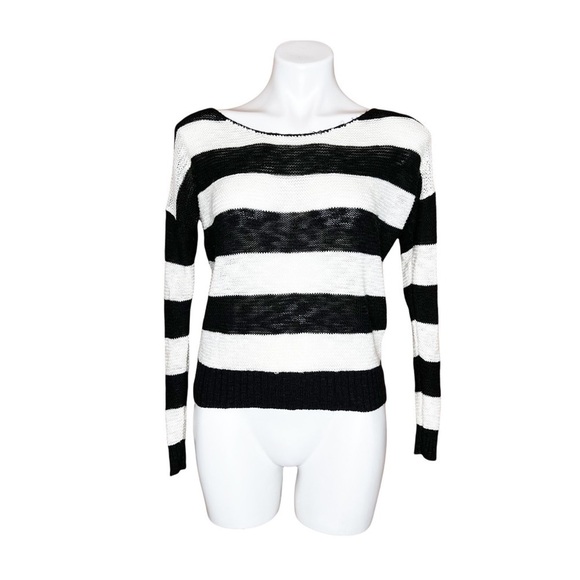 Mine Black White Striped Open Knit Sweater Crochet Detail Back Small Size - Picture 2 of 9